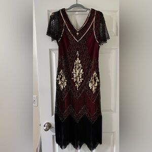 Elegant Burgundy and Gold 20s Style Gatsby Flapper Dress Like New